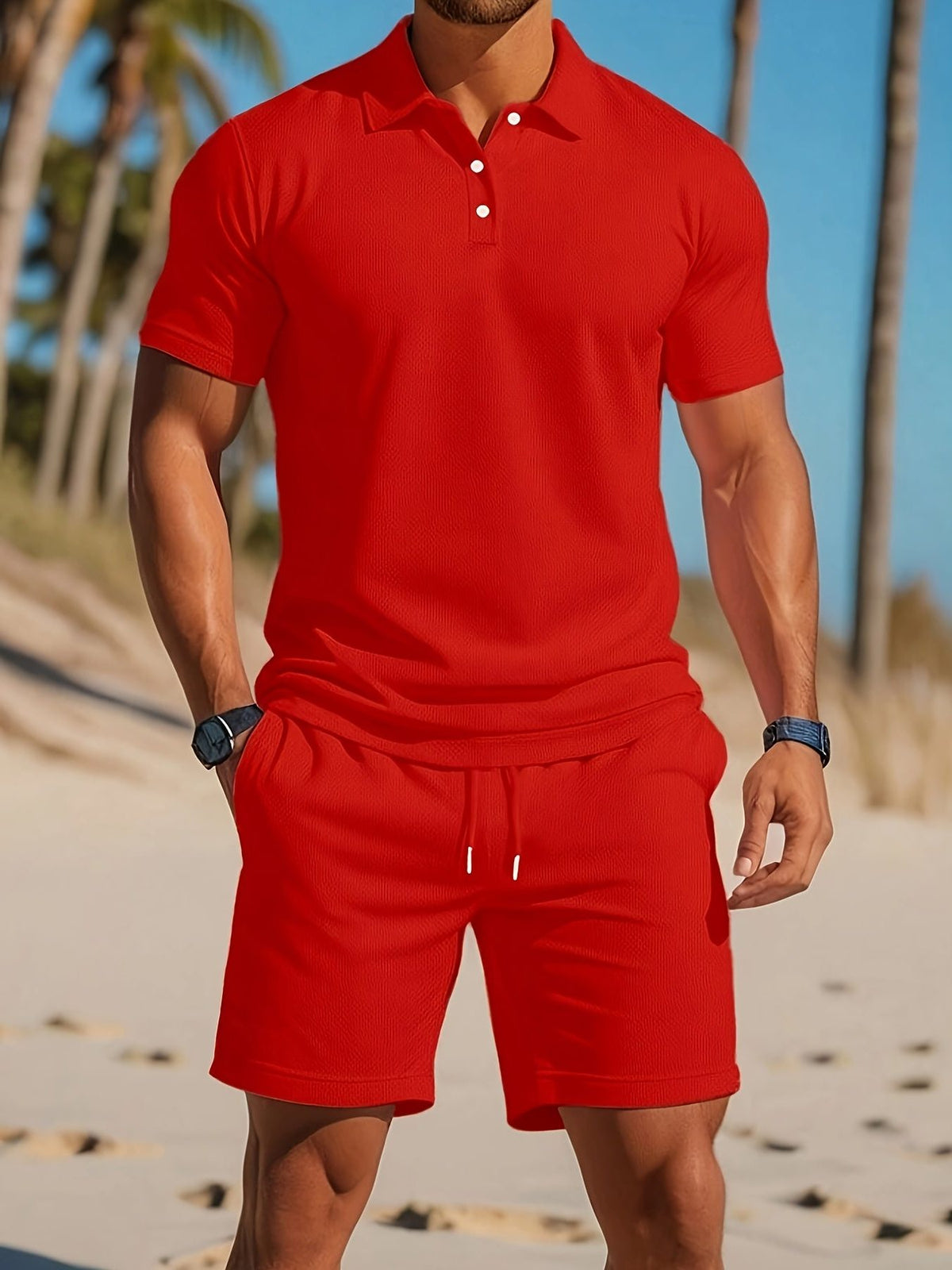 Ribbed Knit Polo Shirt and Shorts Set for Men