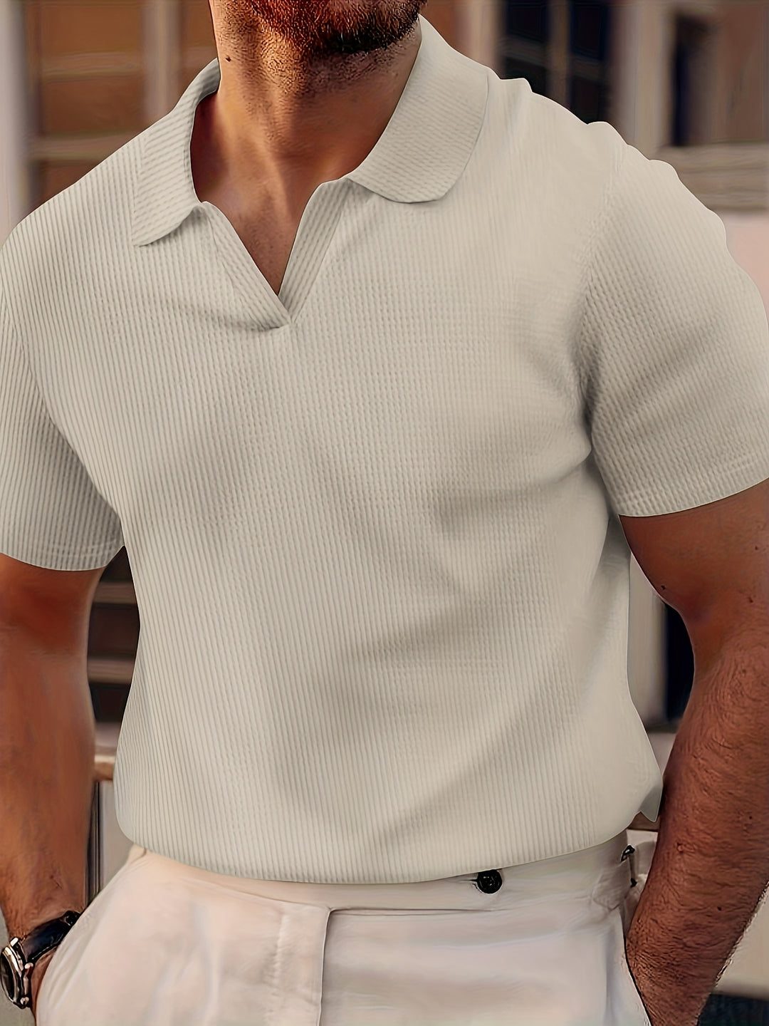 Ribbed Knit Polo Shirt with Spread Collar for Men