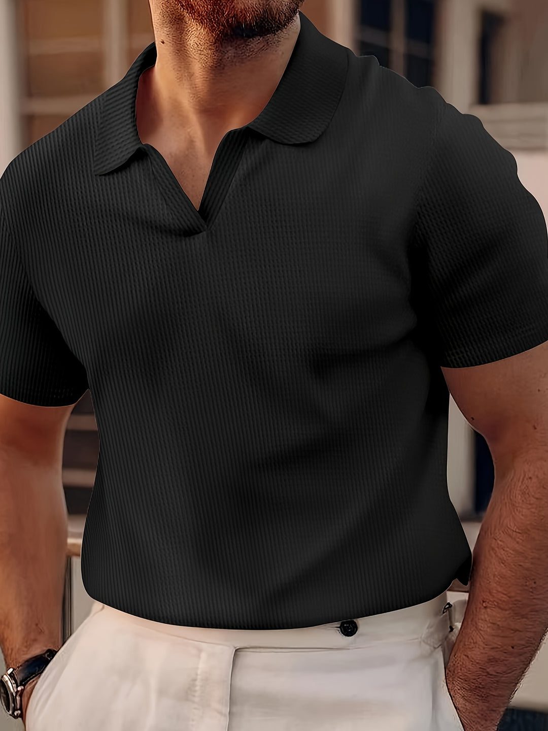Ribbed Knit Polo Shirt with Spread Collar for Men