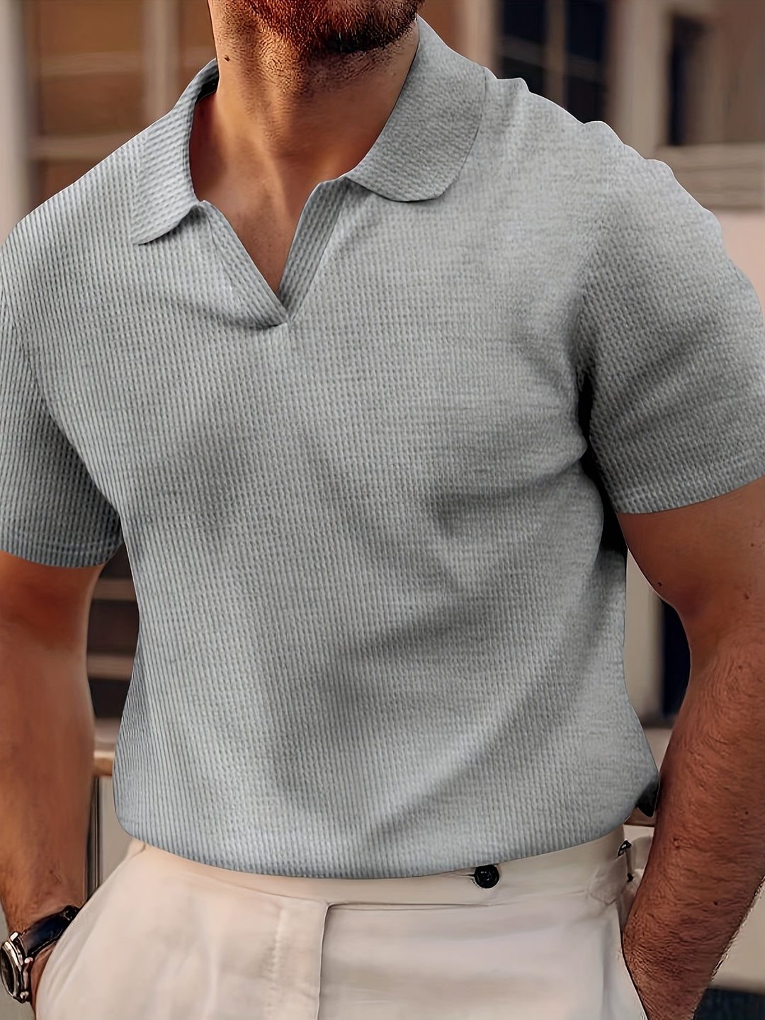 Ribbed Knit Polo Shirt with Spread Collar for Men