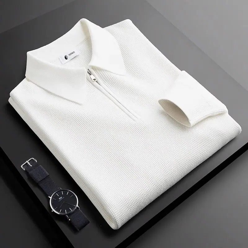 Ribbed Knit Quarter Zip Polo for Men