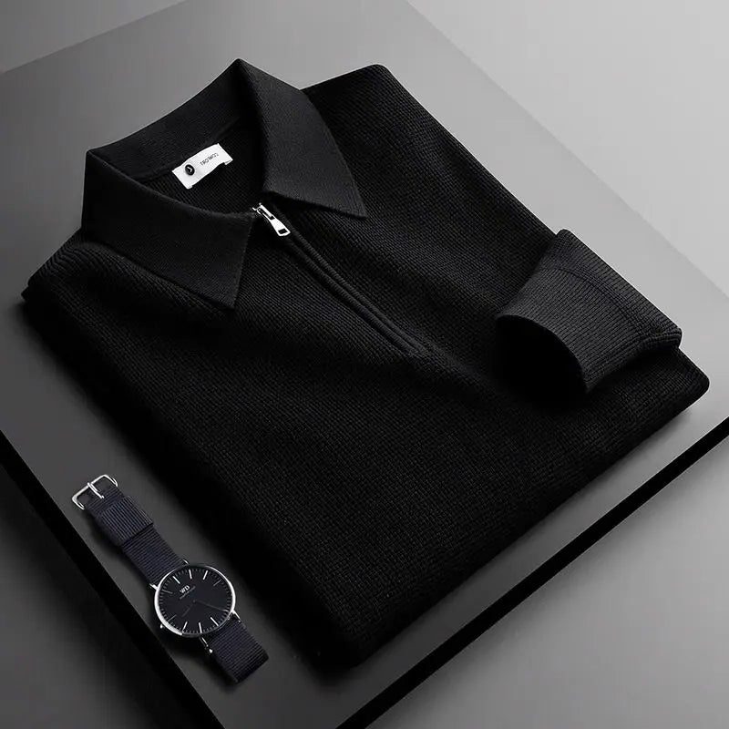 Ribbed Knit Quarter Zip Polo for Men