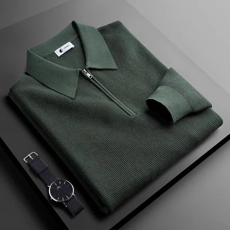 Ribbed Knit Quarter Zip Polo for Men