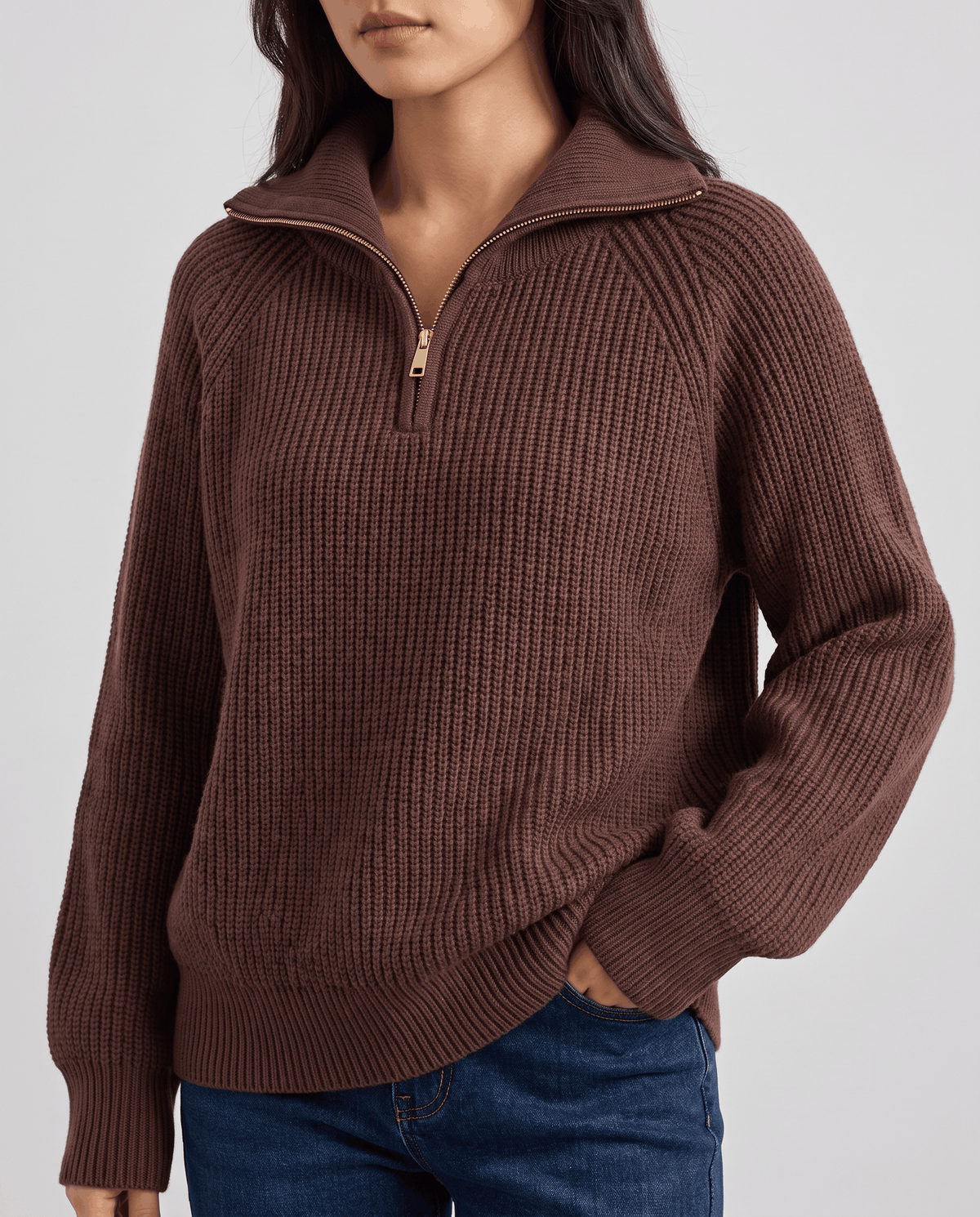 Ribbed Knit Quarter-Zip Sweater – Spread Collar, Raglan Sleeves & Relaxed Fit | Tove