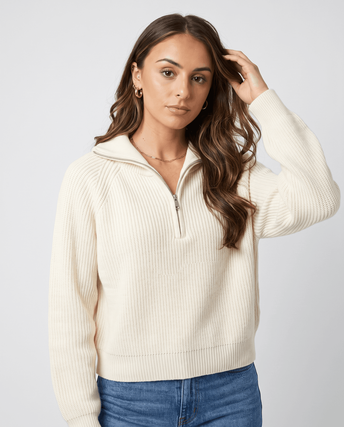 Ribbed Knit Quarter-Zip Sweater – Spread Collar, Raglan Sleeves & Relaxed Fit | Tove