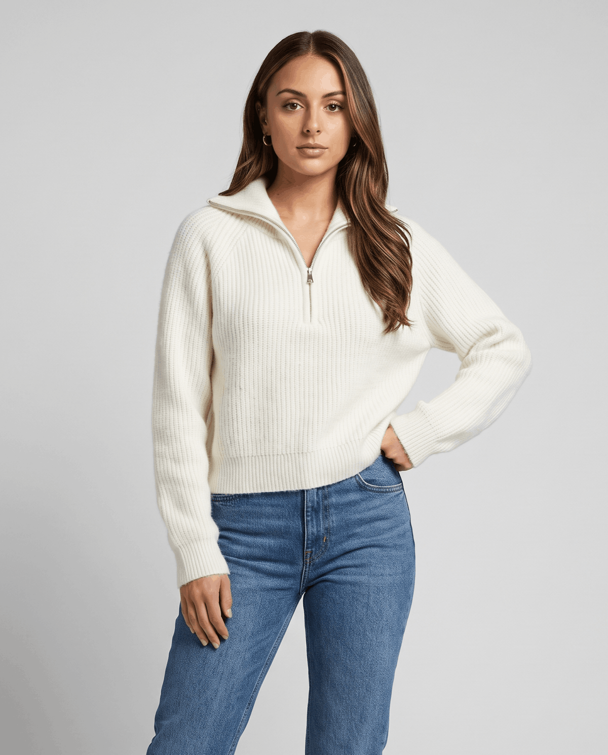Ribbed Knit Quarter-Zip Sweater – Spread Collar, Raglan Sleeves & Relaxed Fit | Tove