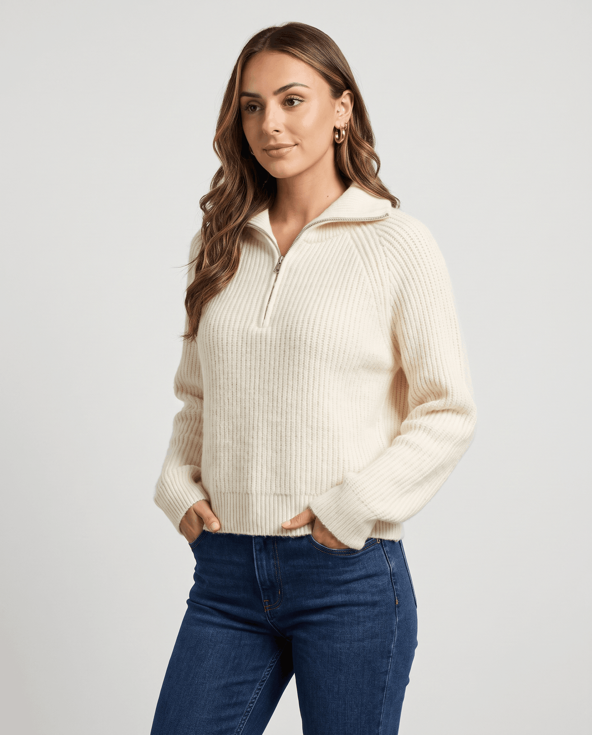 Ribbed Knit Quarter-Zip Sweater – Spread Collar, Raglan Sleeves & Relaxed Fit | Tove