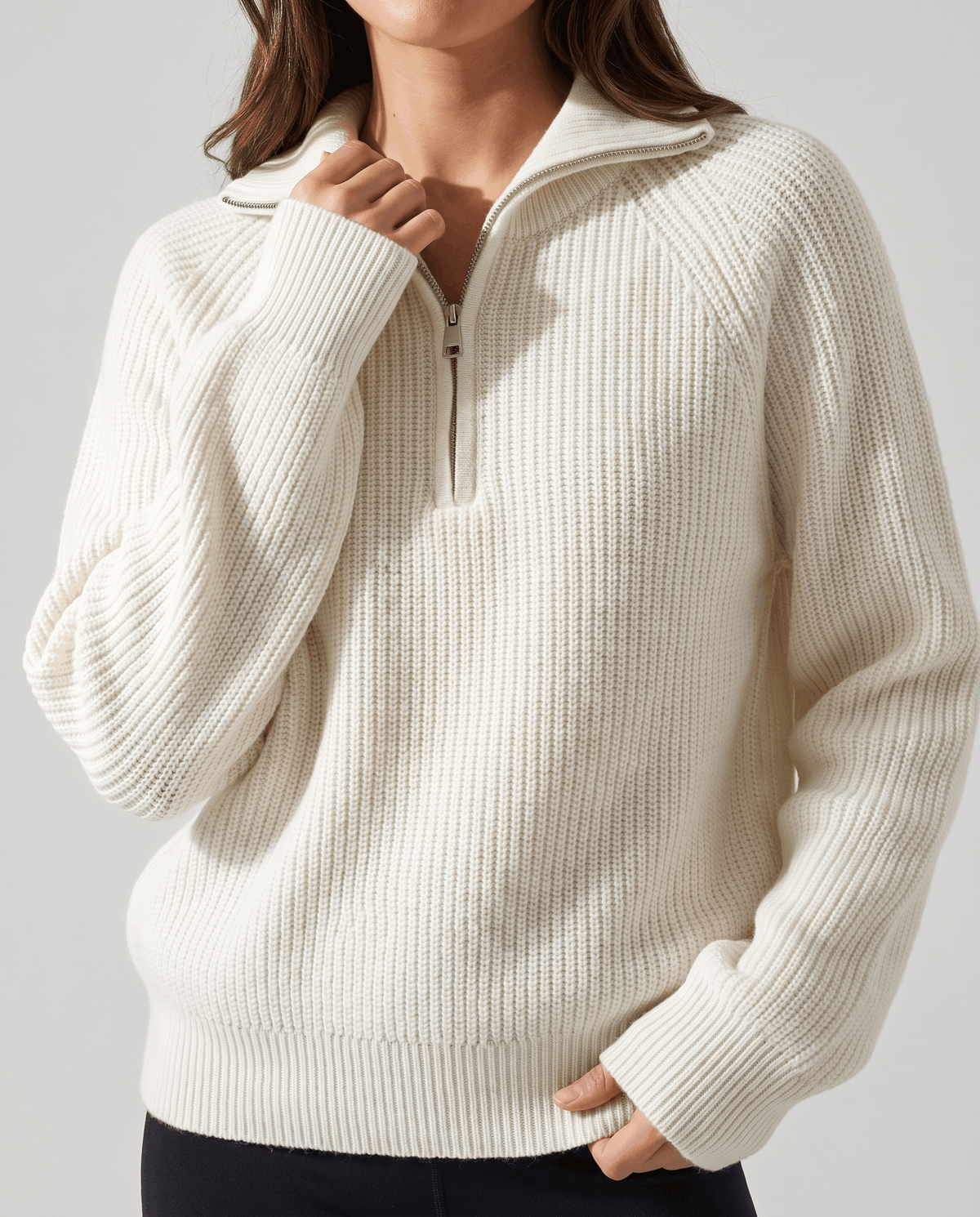 Ribbed Knit Quarter-Zip Sweater – Spread Collar, Raglan Sleeves & Relaxed Fit | Tove