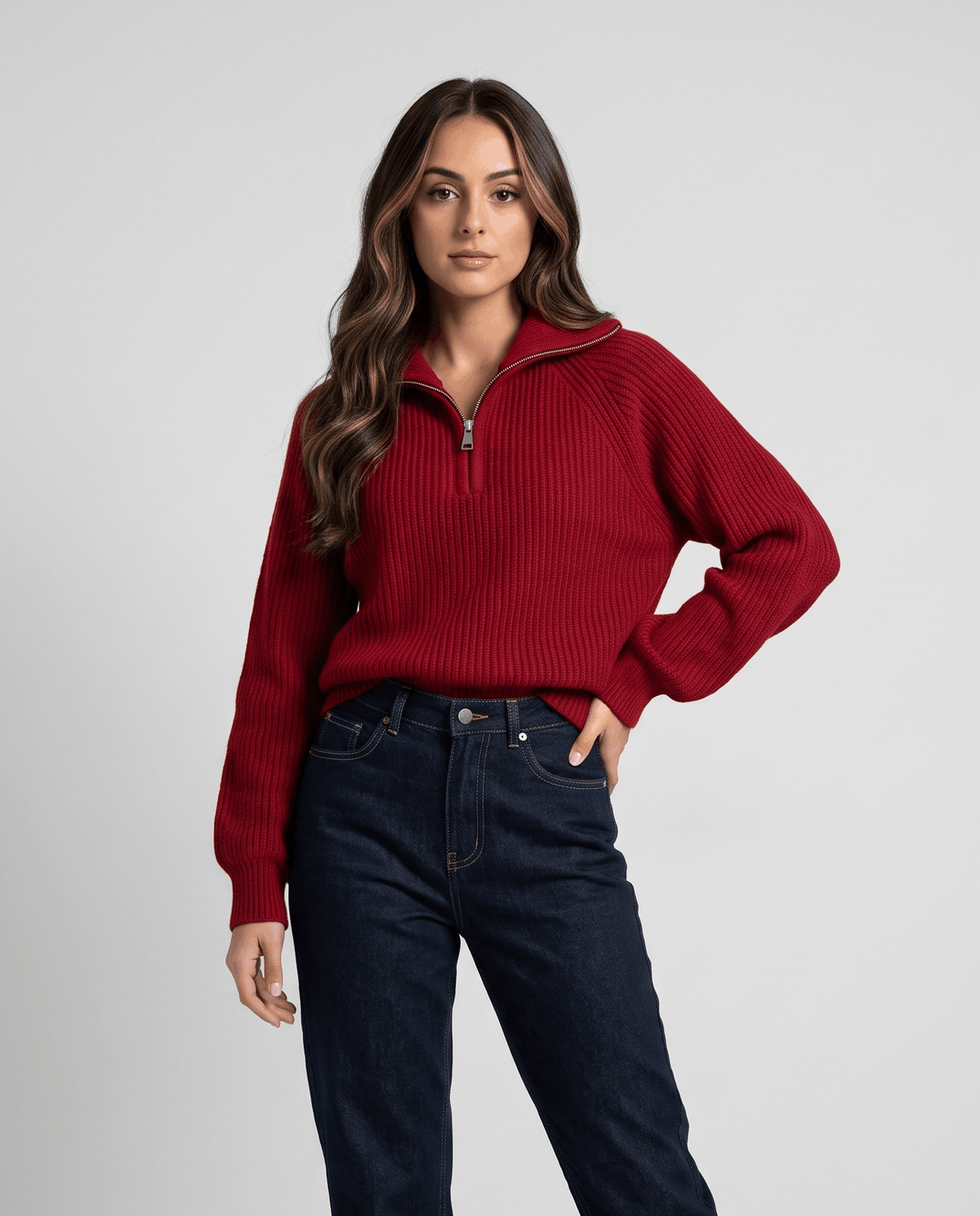 Ribbed Knit Quarter-Zip Sweater – Spread Collar, Raglan Sleeves & Relaxed Fit | Tove