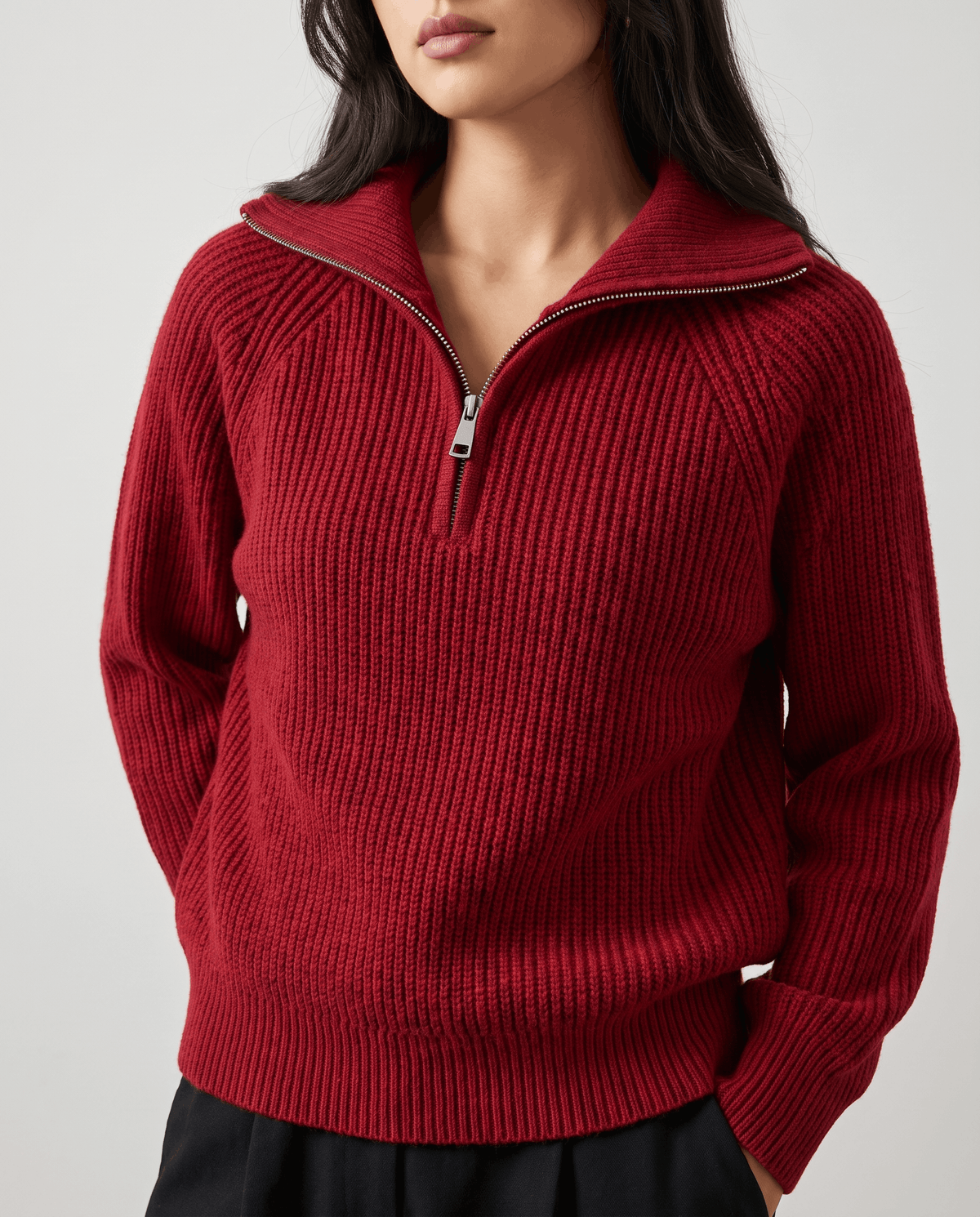 Ribbed Knit Quarter-Zip Sweater – Spread Collar, Raglan Sleeves & Relaxed Fit | Tove