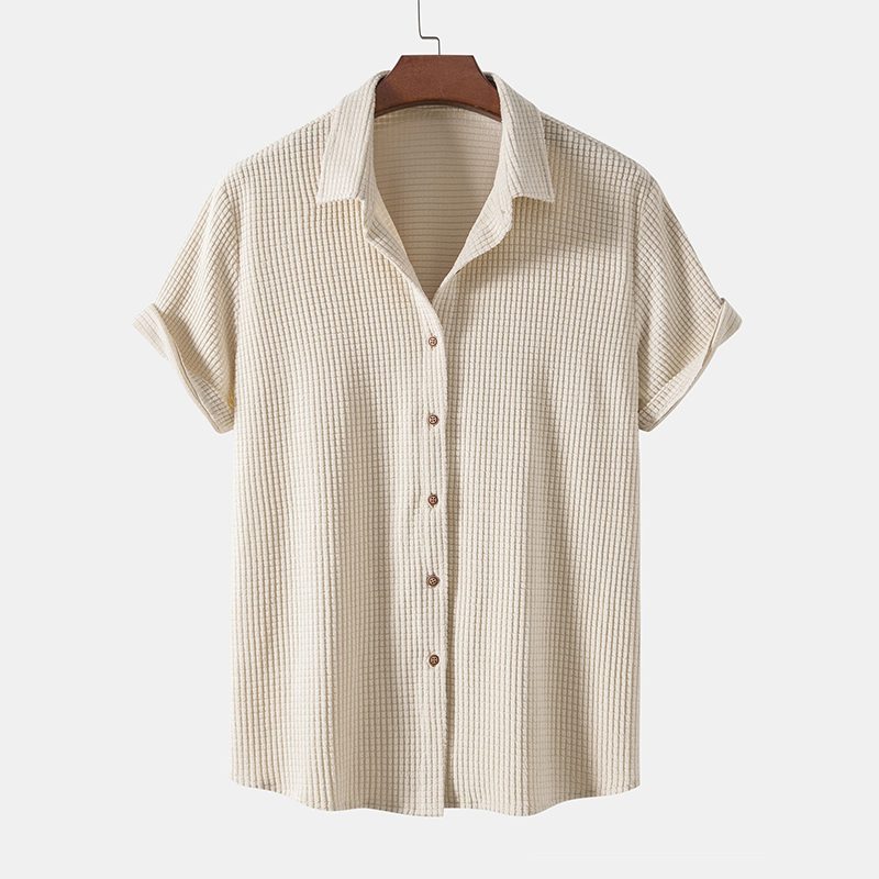 Ribbed Knit Short Sleeve Button-Down Set for Men
