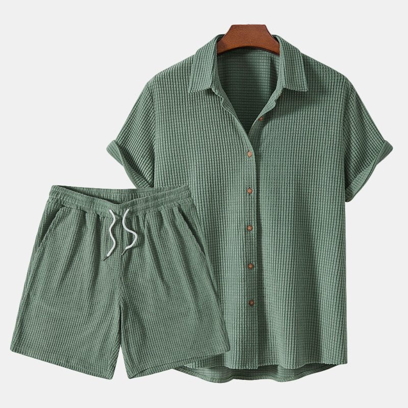 Ribbed Knit Short Sleeve Button-Down Set for Men