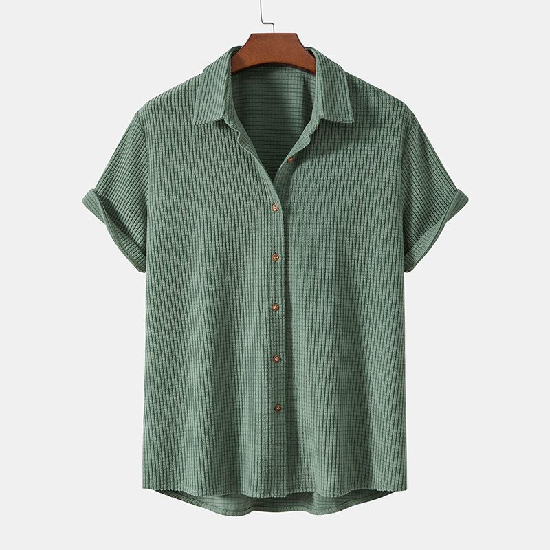 Ribbed Knit Short Sleeve Button-Down Set for Men