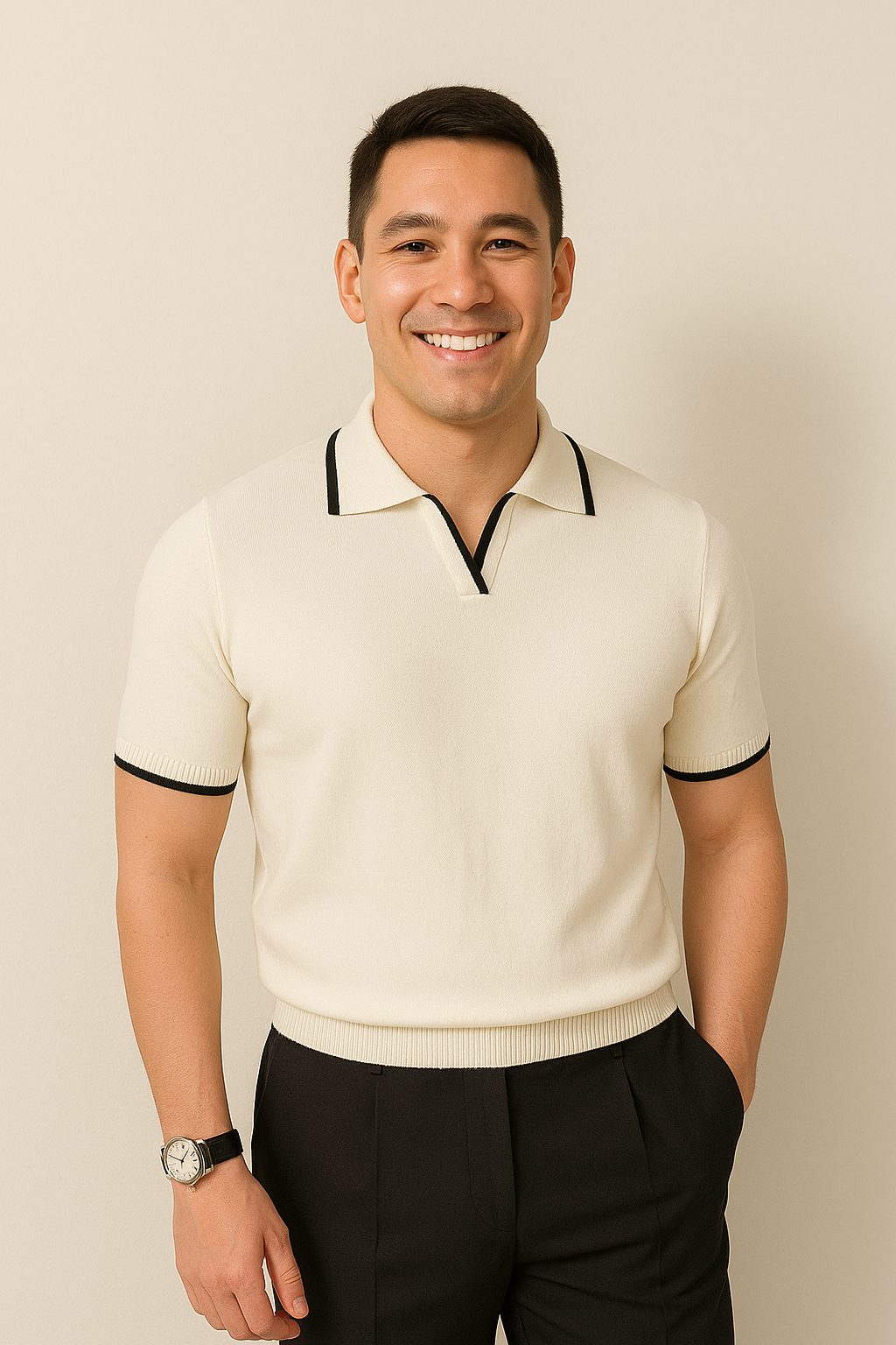 Ribbed Knit Short Sleeve Polo Shirt for Men