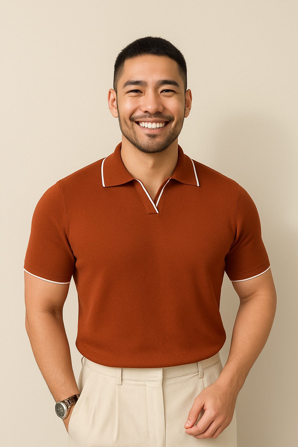 Ribbed Knit Short Sleeve Polo Shirt for Men