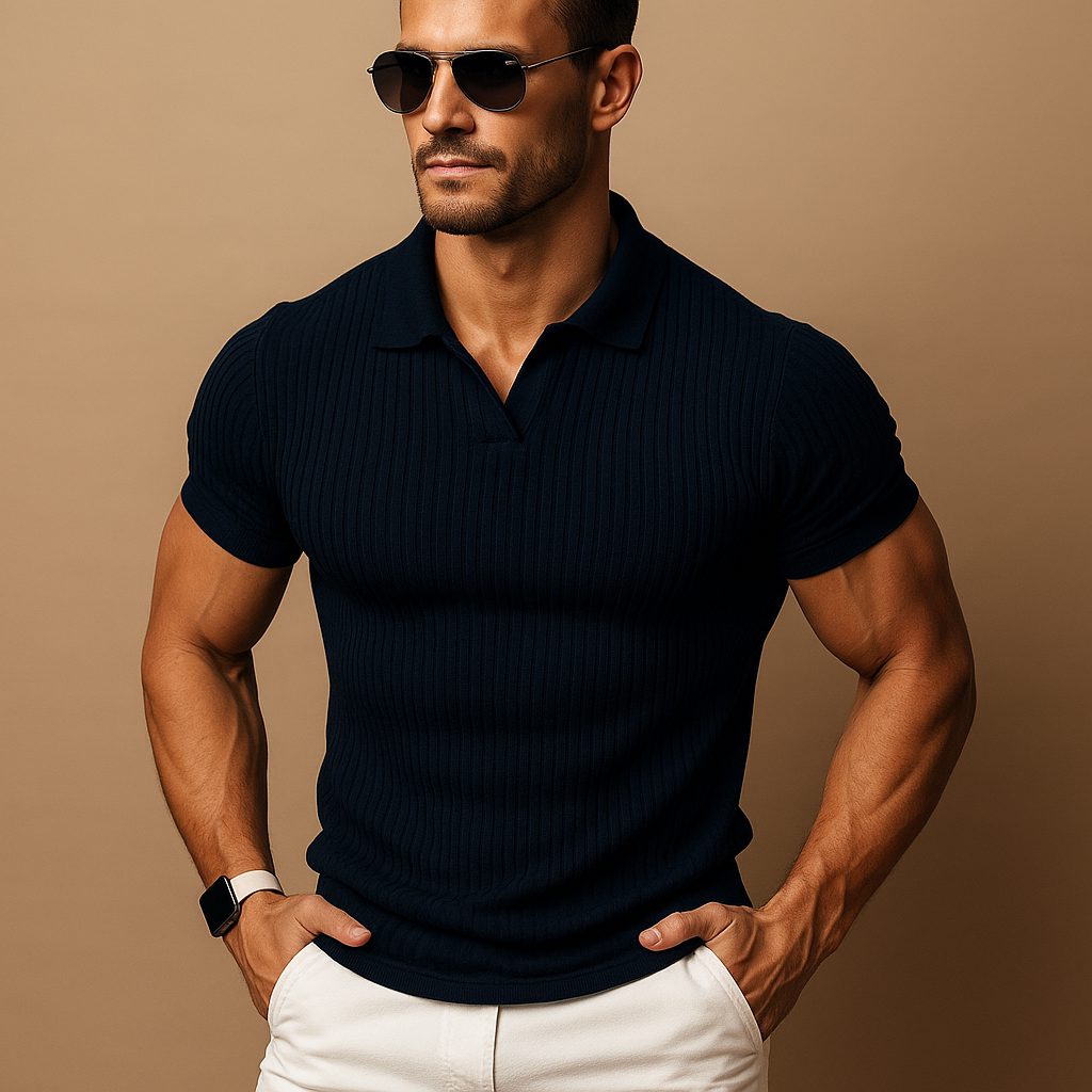Ribbed Knit Slim Fit Polo Shirt for Men