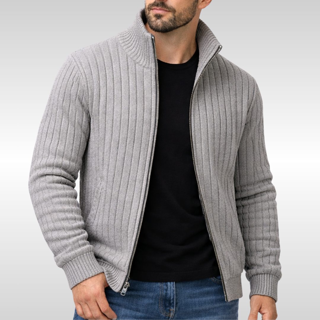 Ribbed Knit Stand Collar Zip Cardigan for Men