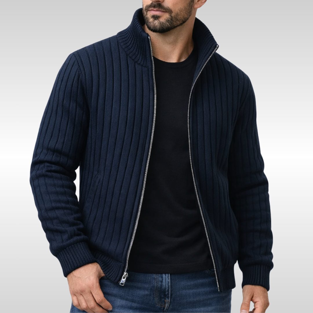 Ribbed Knit Stand Collar Zip Cardigan for Men