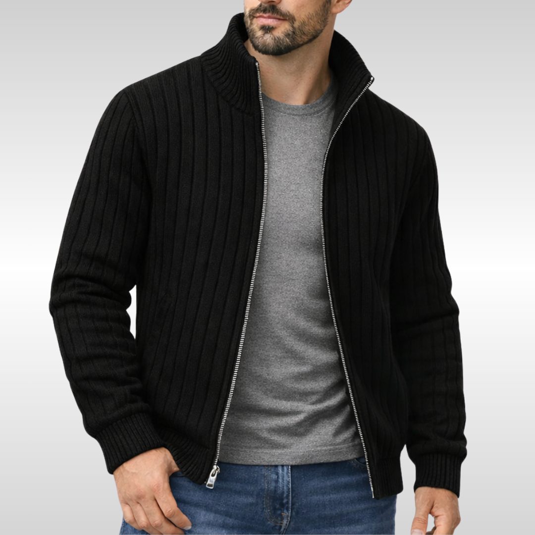 Ribbed Knit Stand Collar Zip Cardigan for Men