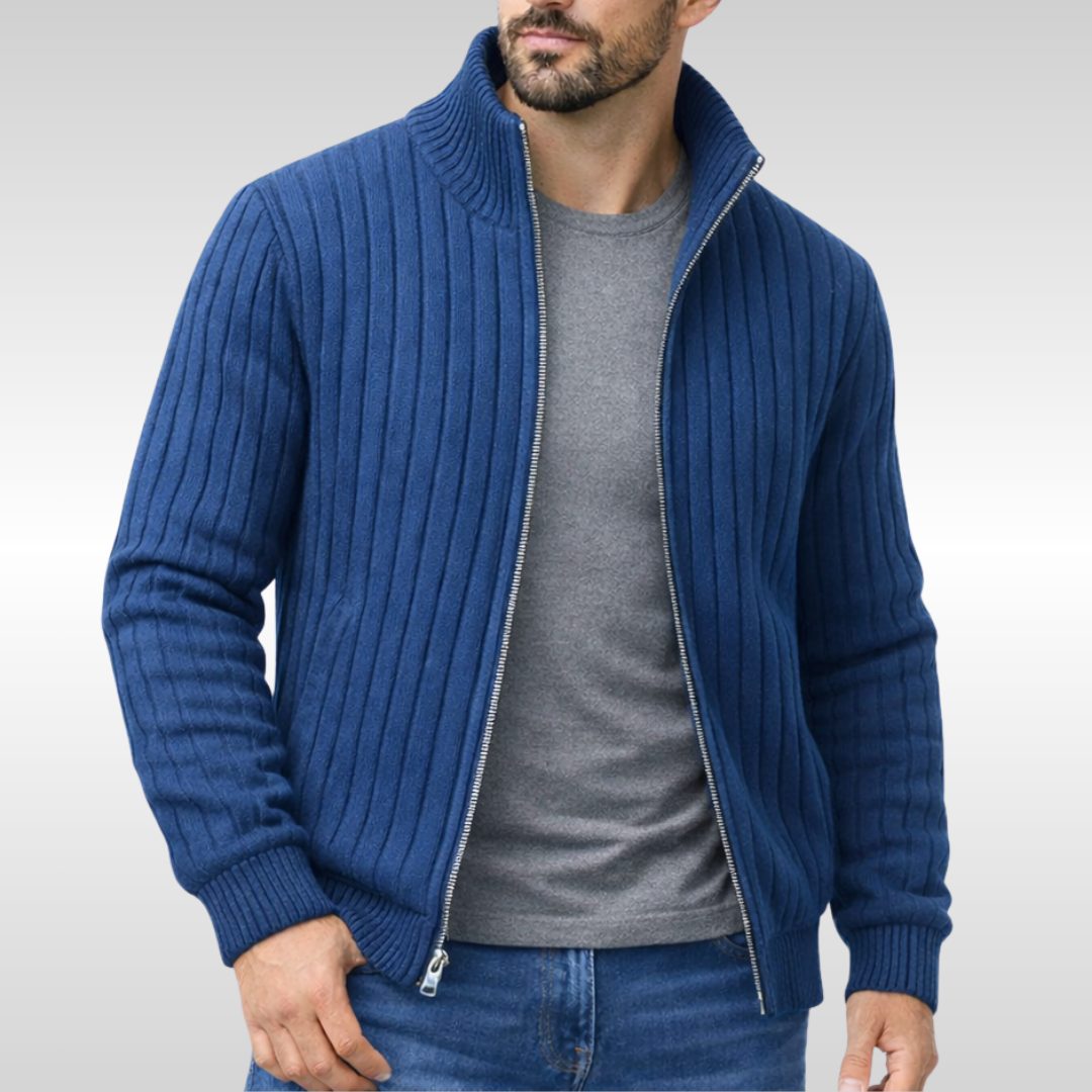 Ribbed Knit Stand Collar Zip Cardigan for Men