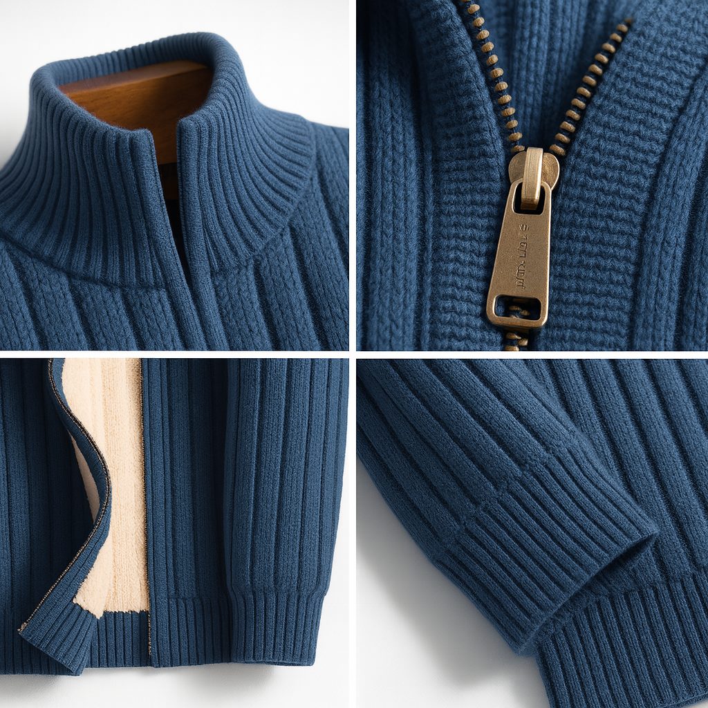 Ribbed Knit Stand Collar Zip Cardigan for Men