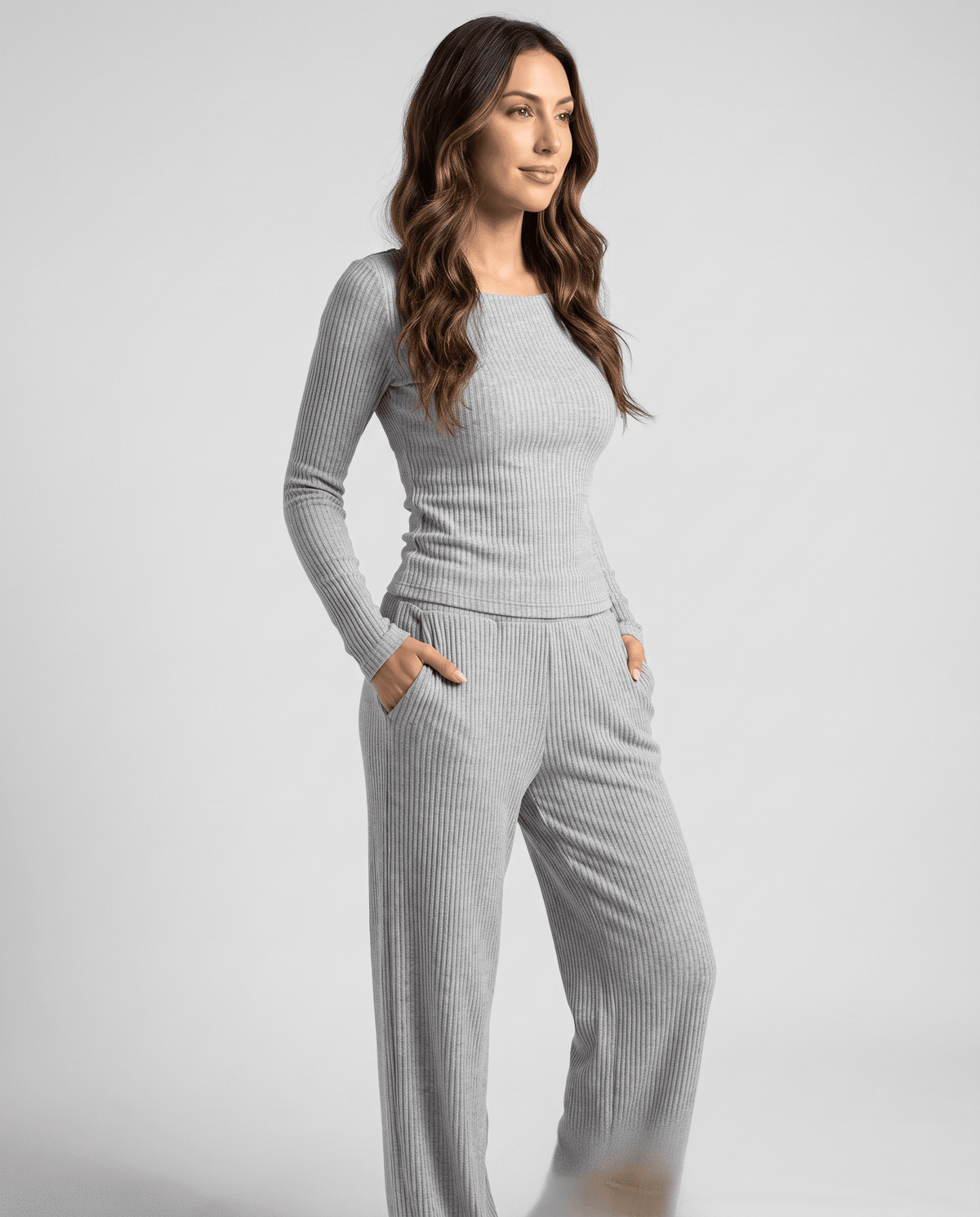 Ribbed Knit Two-Piece Lounge Set – Long-Sleeve Crew-Neck Top, Wide-Leg Pants & Pockets | Lotte