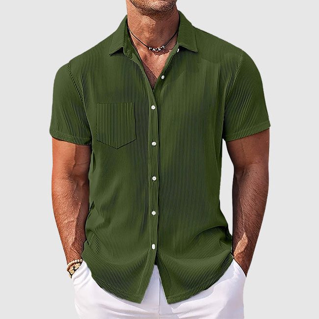 Ribbed Short Sleeve Button-Down Shirt for Men