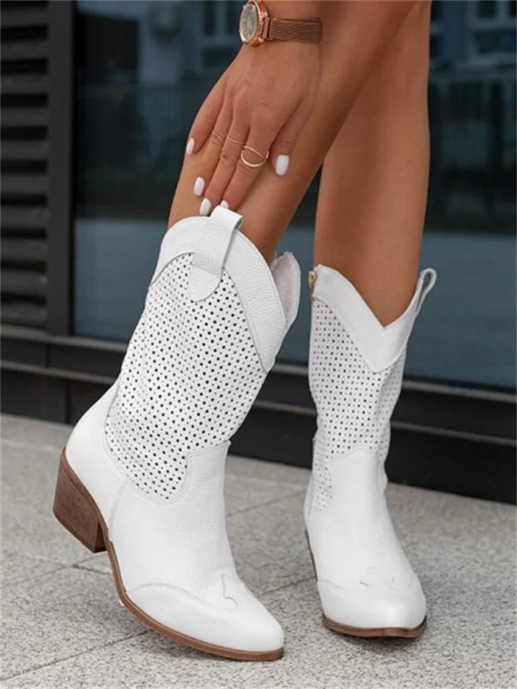 Sloane | Women's Perforated Suede Cowboy Boots Mid Calf
