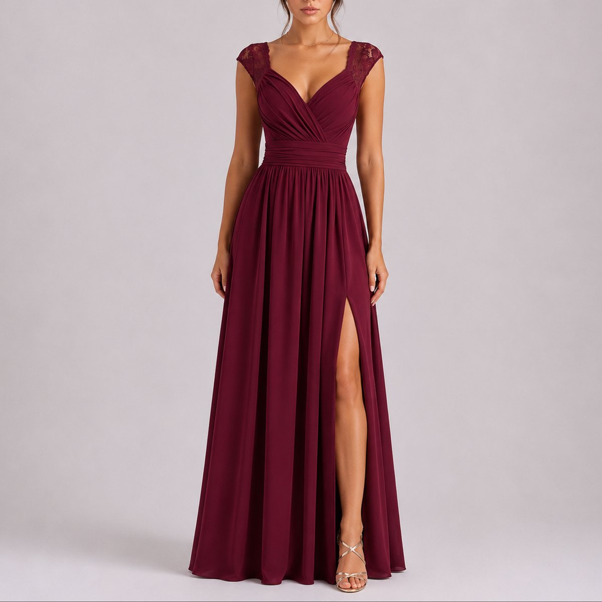 Romina - Women's Lace-Shoulder Wrap Dress with Side Slit