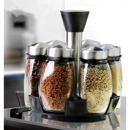 Rotating Spice Rack for Kitchen Cabinet and Counter with 6 Glass Shaker Jars and Organizer