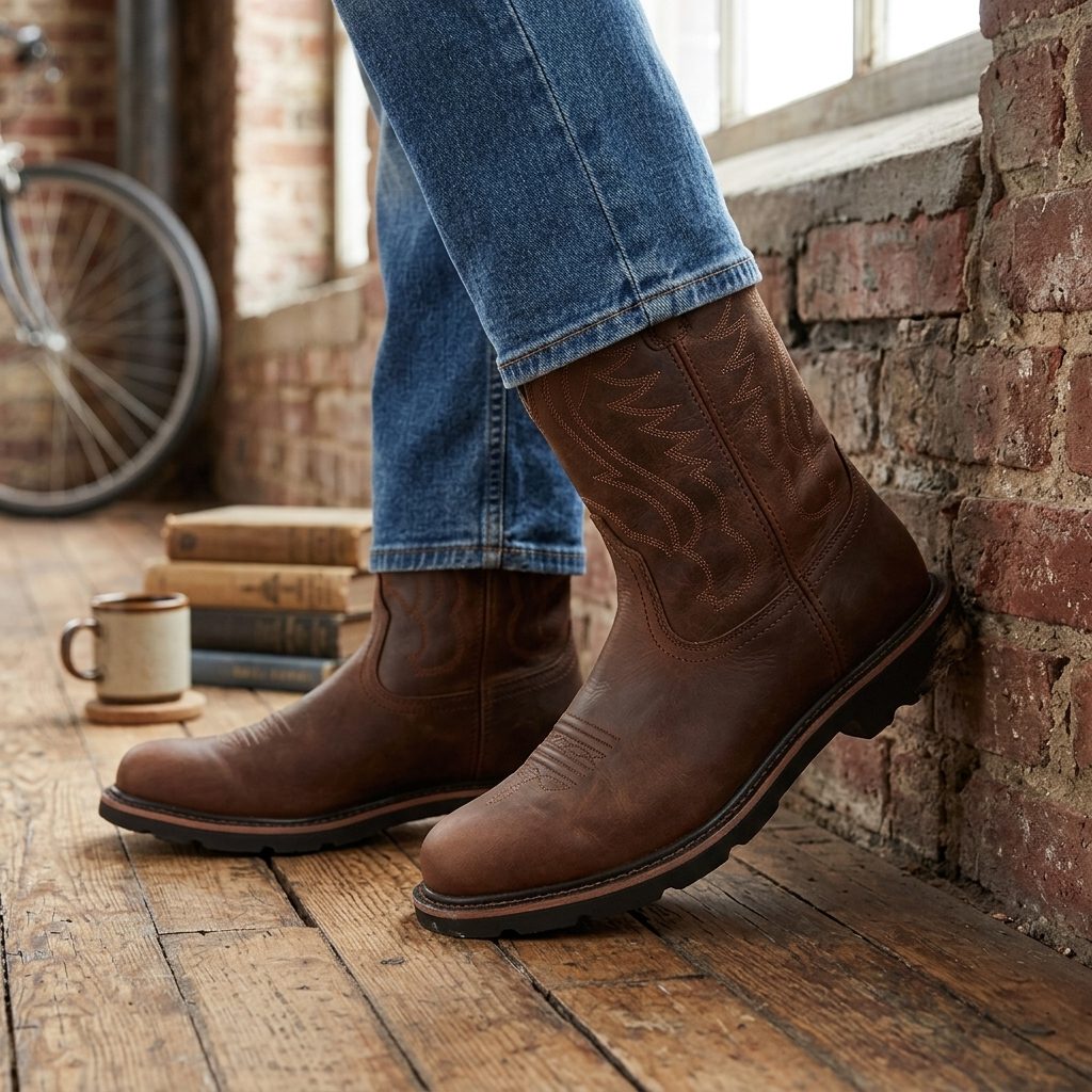 Round Toe Mid Calf Cowboy Boots for Men