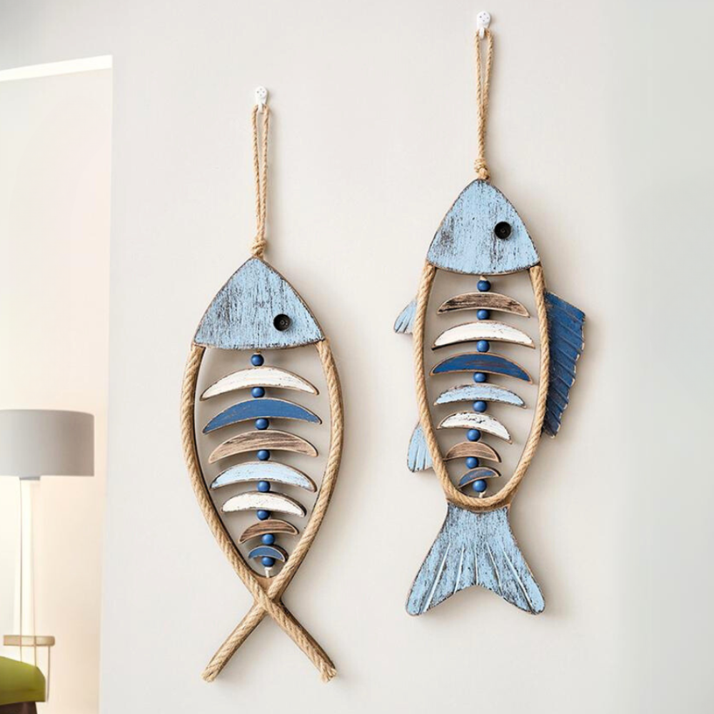 Rustic Wood Wall Art Decor Fish Hanging with Rope and Wooden Beads