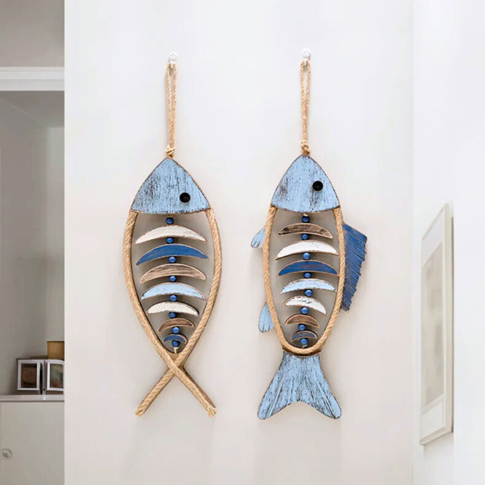 Rustic Wood Wall Art Decor Fish Hanging with Rope and Wooden Beads