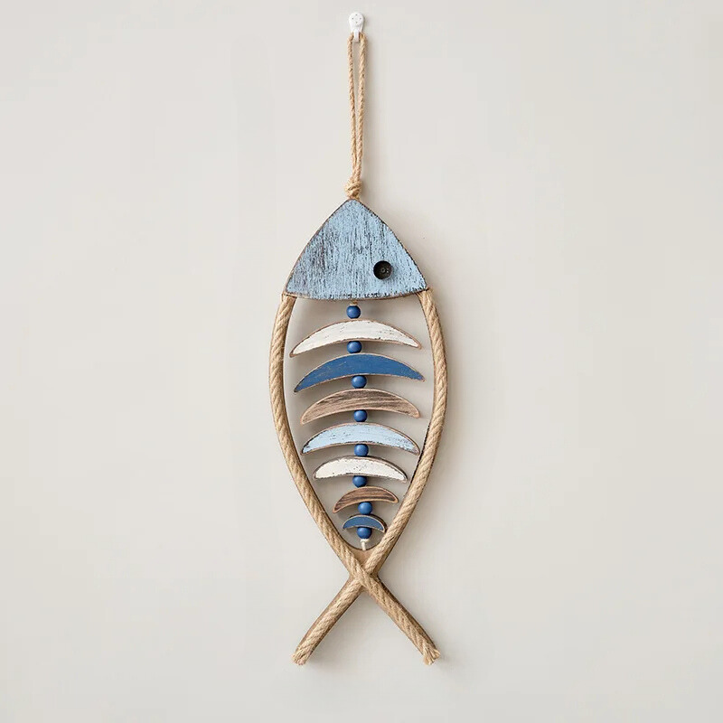 Rustic Wood Wall Art Decor Fish Hanging with Rope and Wooden Beads