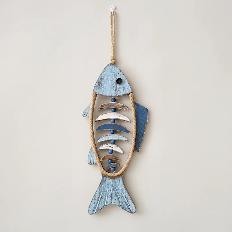 Rustic Wood Wall Art Decor Fish Hanging with Rope and Wooden Beads