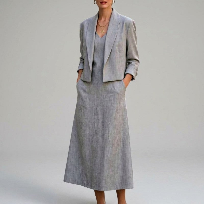Salma - Women's V-Neck Shawl Collar Blazer and Dress Set
