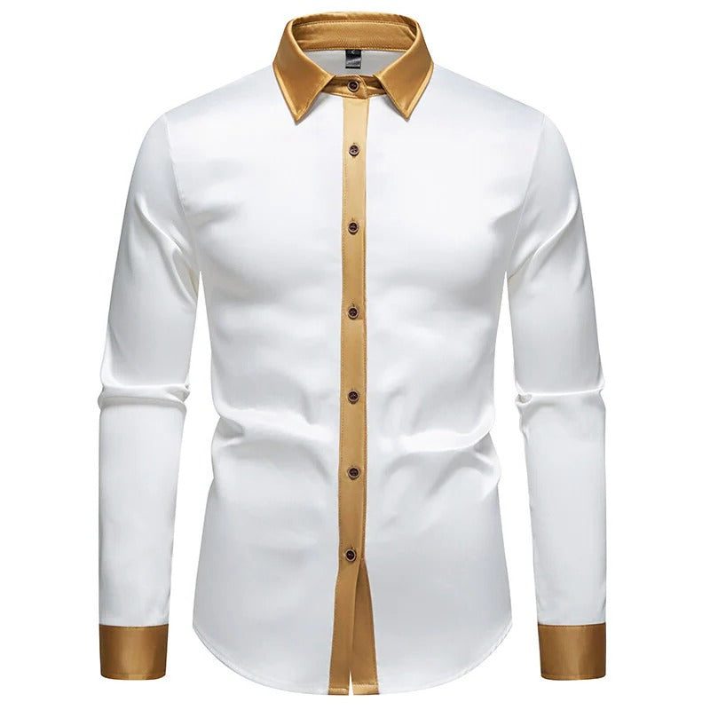Satin Long Sleeve Button-Down Shirt with Contrast Collar for Men