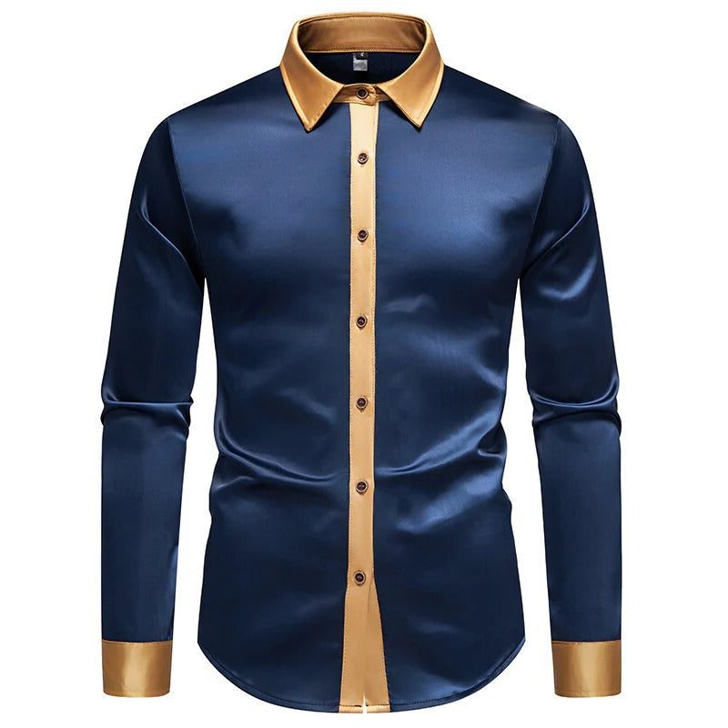 Satin Long Sleeve Button-Down Shirt with Contrast Collar for Men