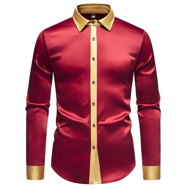 Satin Long Sleeve Button-Down Shirt with Contrast Collar for Men