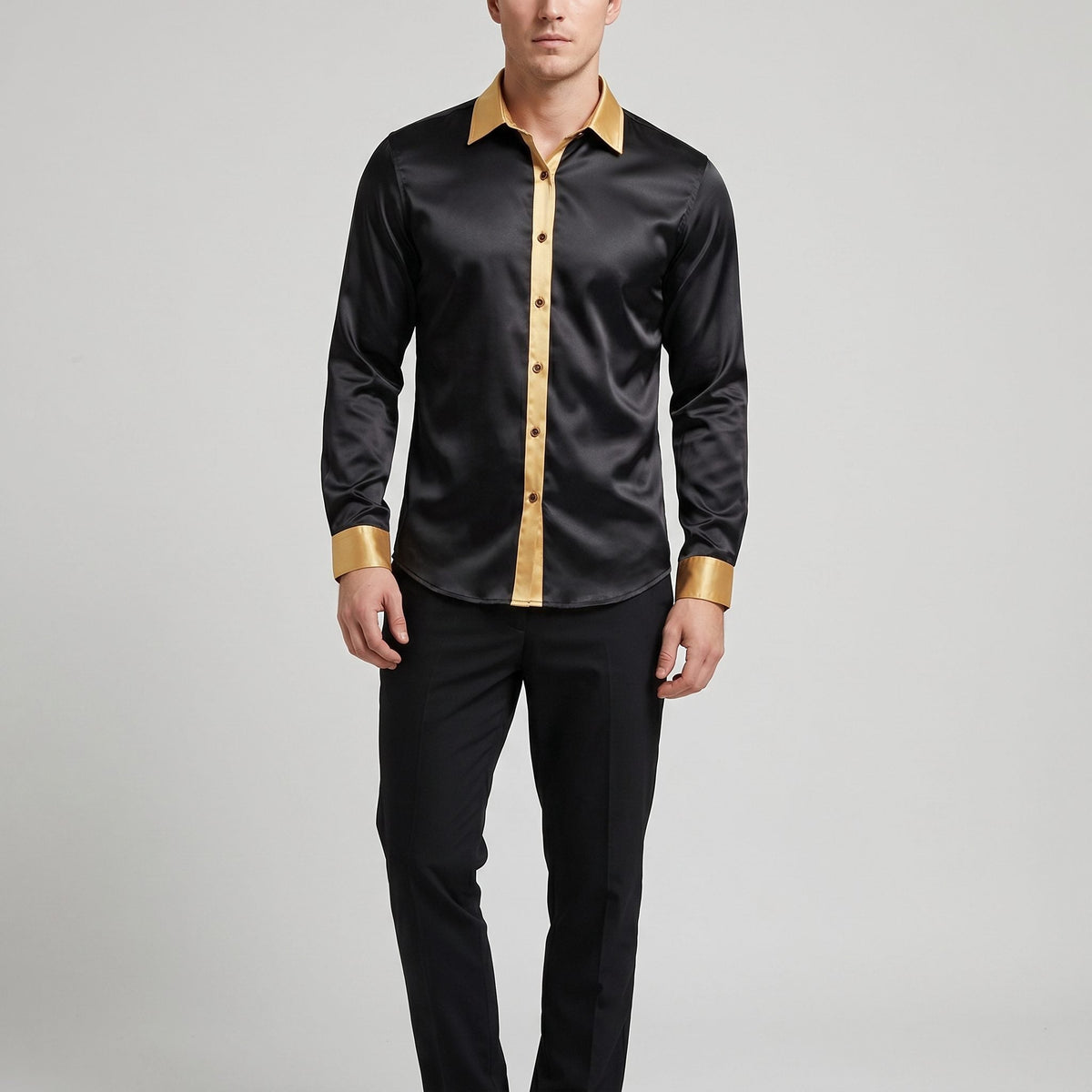 Satin Long Sleeve Button-Down Shirt with Contrast Collar for Men