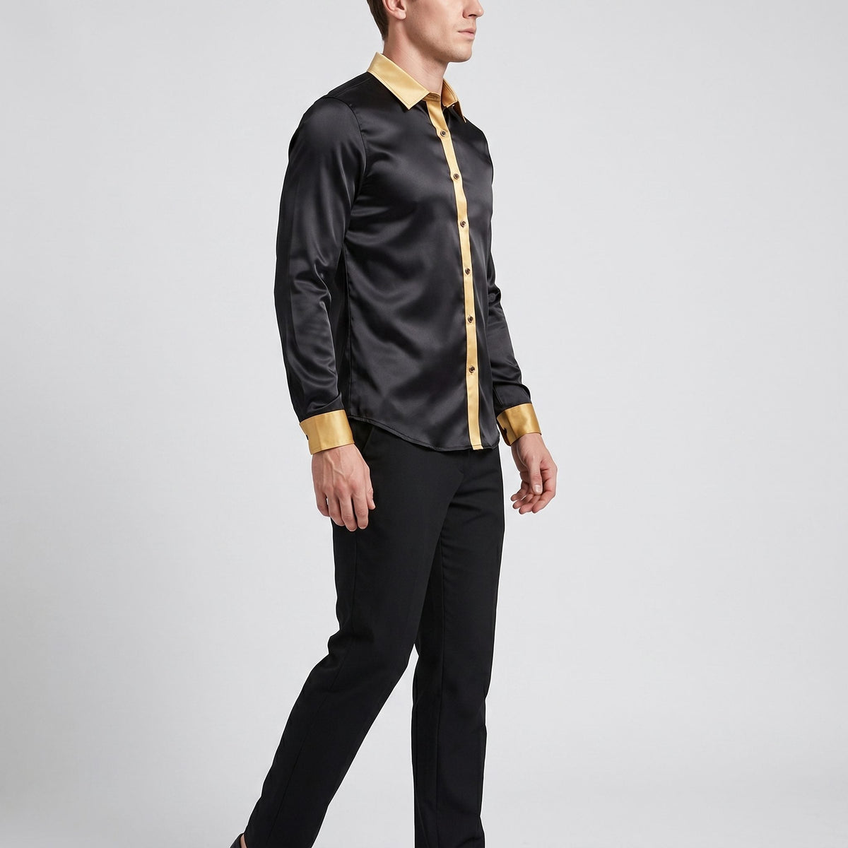 Satin Long Sleeve Button-Down Shirt with Contrast Collar for Men