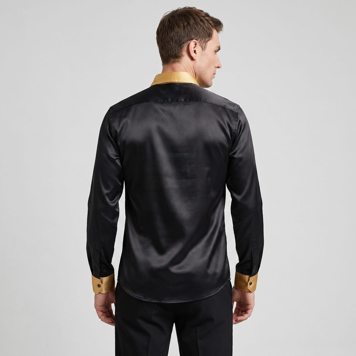 Satin Long Sleeve Button-Down Shirt with Contrast Collar for Men
