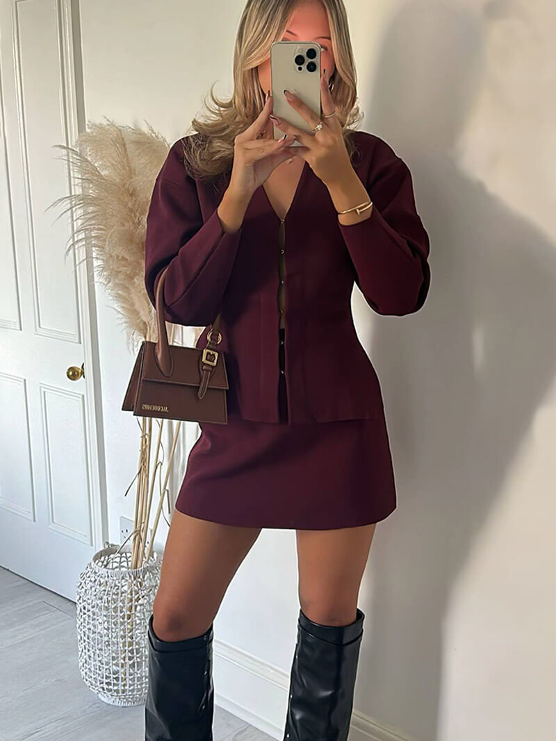 Women's Button-Front Peplum Blazer and A-Line Mini Skirt Set – Elegant Tailored Two-Piece Suit for Smart Casual Occasions
