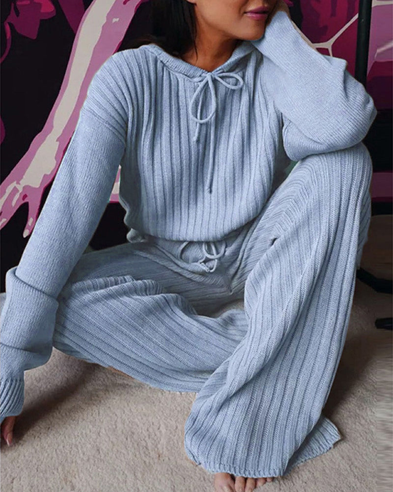Women's Ribbed Knit Hooded Lounge Set with Wide Leg Trousers