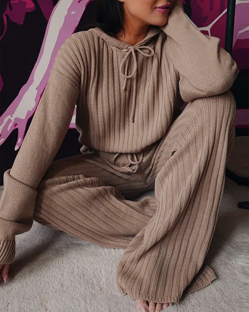 Women's Ribbed Knit Hooded Lounge Set with Wide Leg Trousers