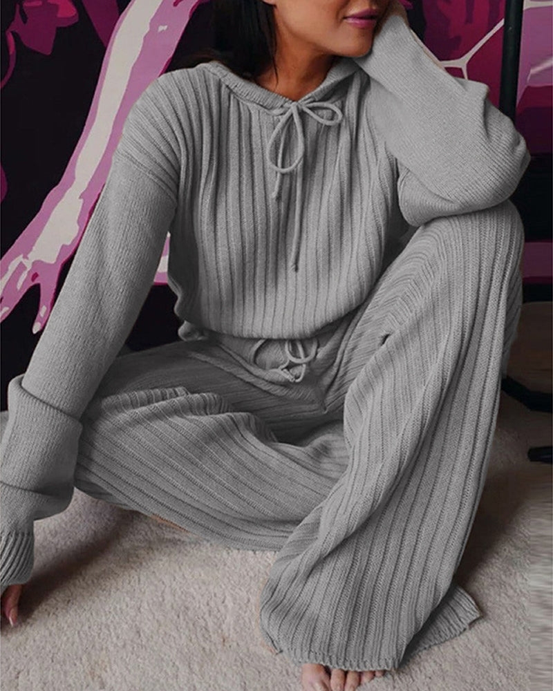 Women's Ribbed Knit Hooded Lounge Set with Wide Leg Trousers