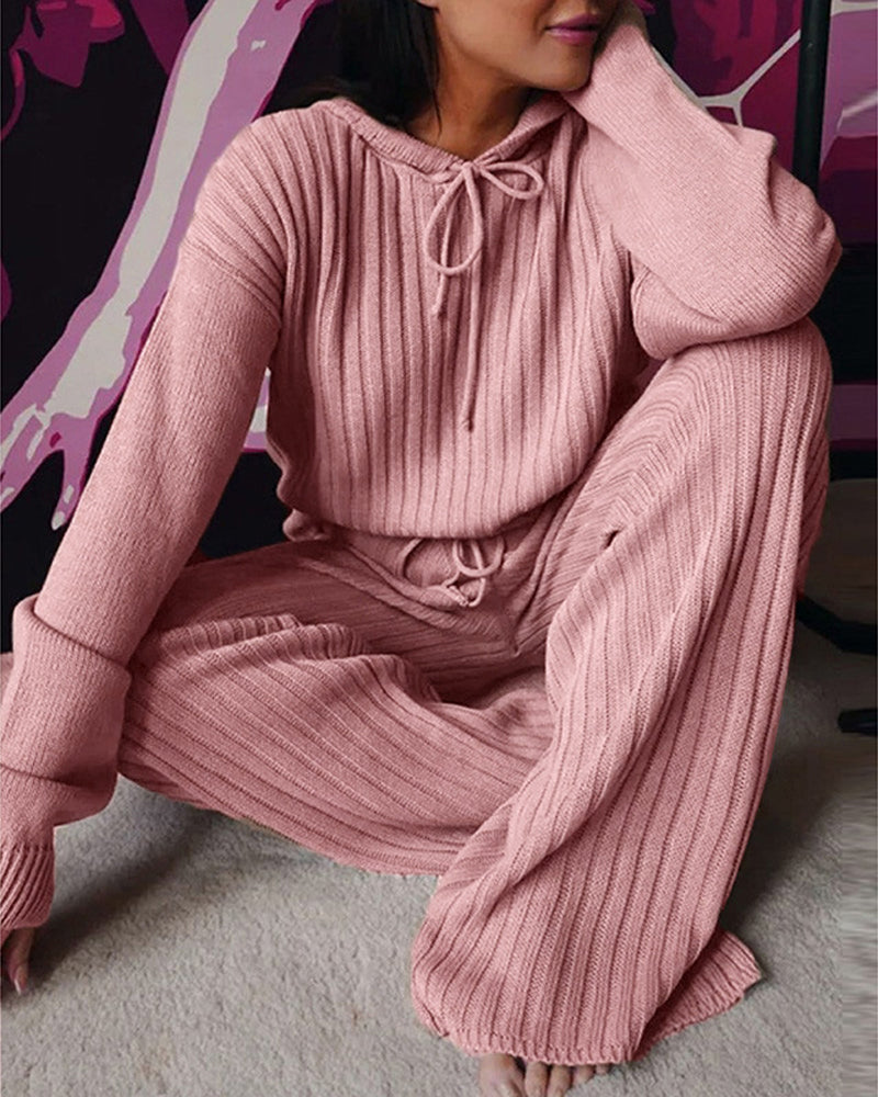 Women's Ribbed Knit Hooded Lounge Set with Wide Leg Trousers