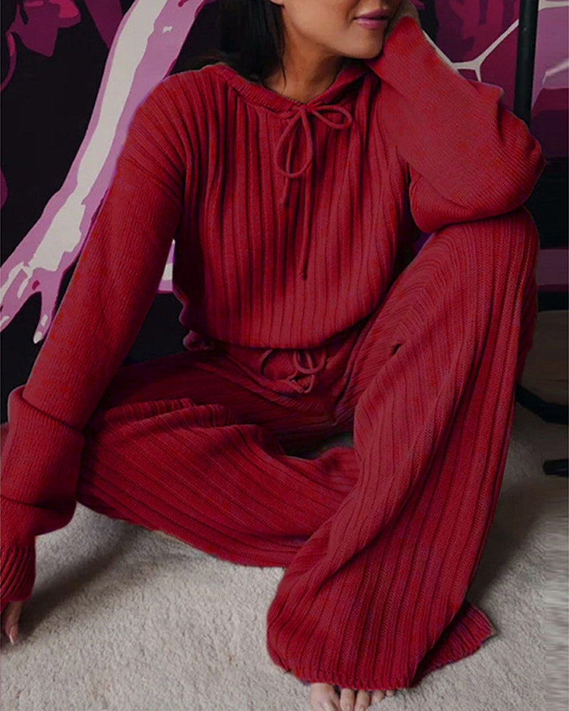 Women's Ribbed Knit Hooded Lounge Set with Wide Leg Trousers