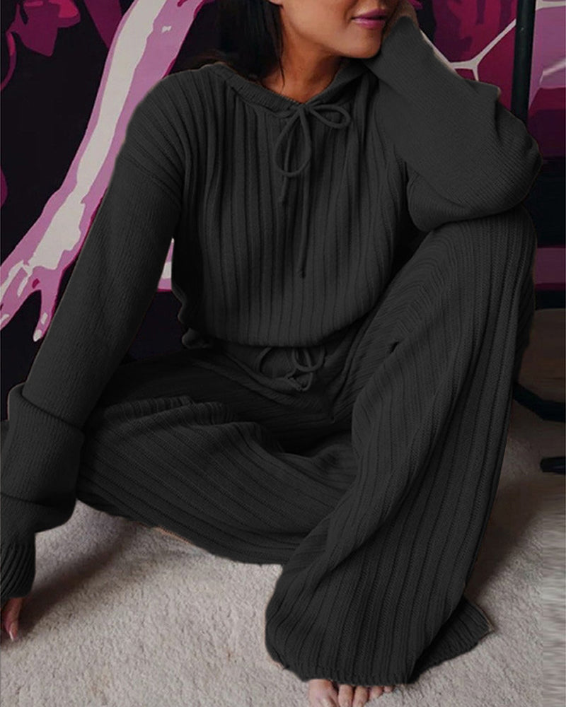 Women's Ribbed Knit Hooded Lounge Set with Wide Leg Trousers