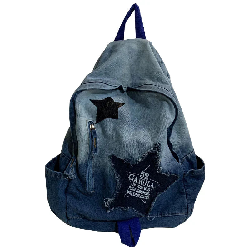 School Backpack | Denim Star Appliqué & Padded Adjustable Straps